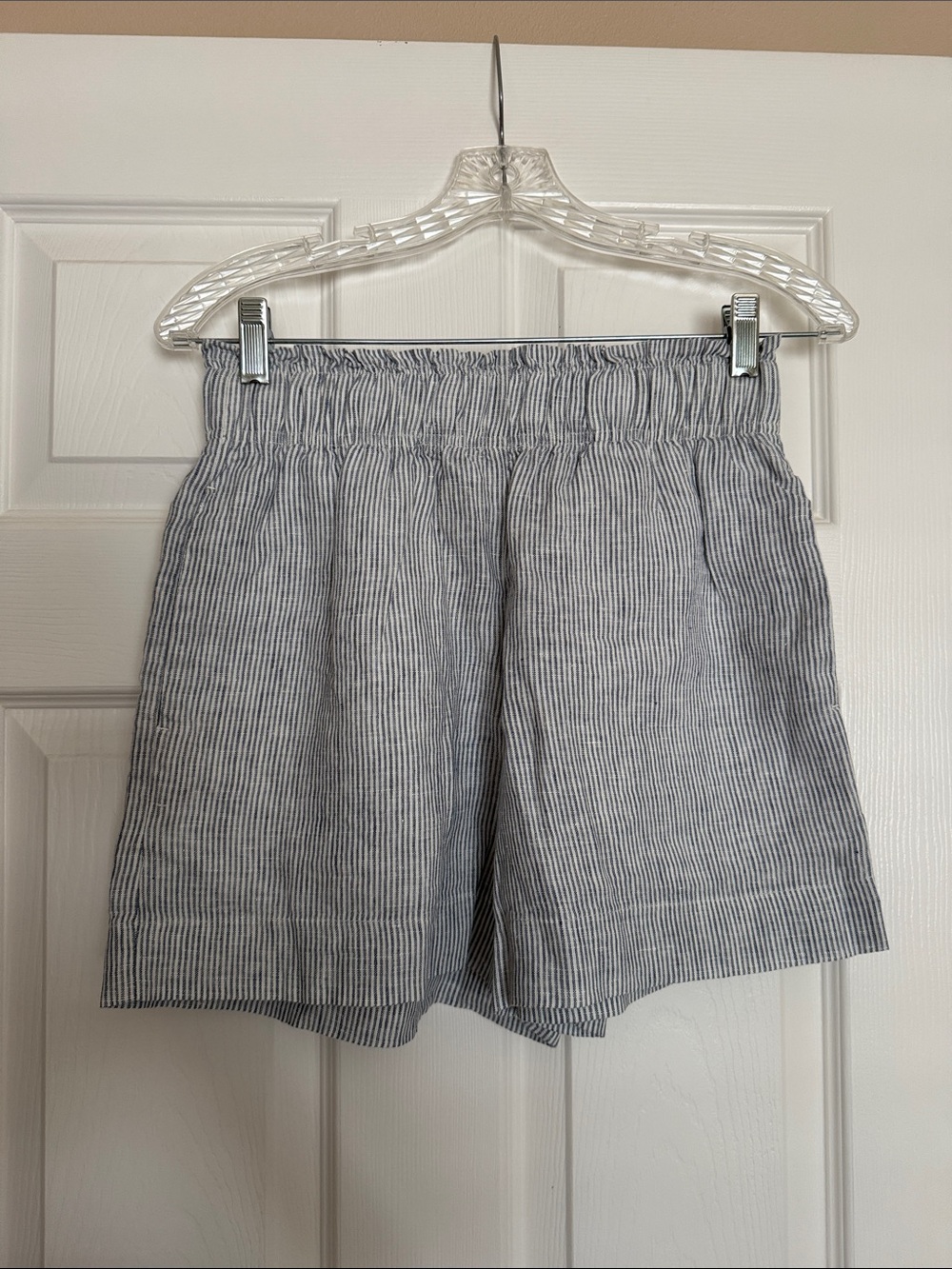 Quince Blue Pinstripe Linen Shorts XS
